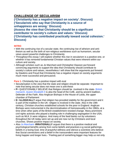 OCR RELIGIOUS STUDIES- Challenge of Secularism ESSAY PLANS