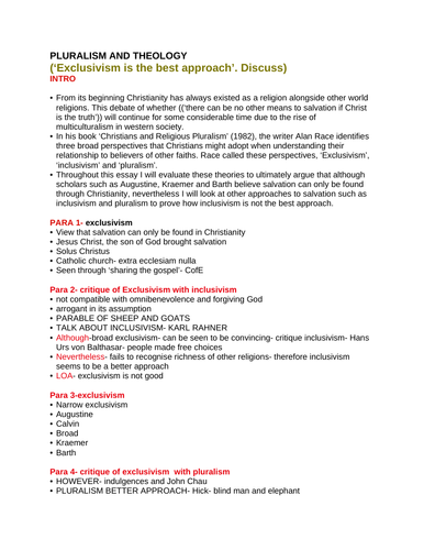 OCR RELIGIOUS STUDIES- Pluralism and Theology ESSAY PLANS