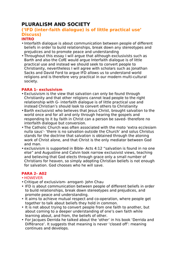 OCR RELIGIOUS STUDIES- Pluralism and Society ESSAY PLANS