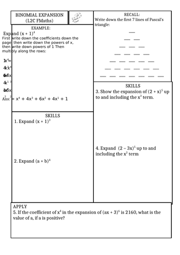 Binomial Expansion Worksheet | Teaching Resources