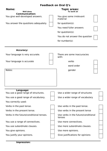 IGCSE Spanish Oral Question Feedback form