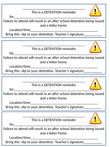 Detention Reminder Slips Teaching Resources