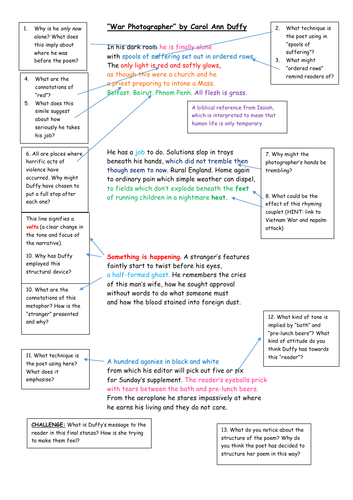 GCSE Poetry Anthology: War Photographer Analysis Task | Teaching Resources