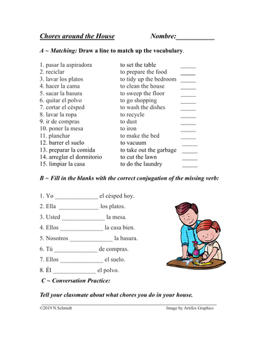 Spanish Chores Worksheet: Los Deberes / Los Quehaceres (Limpiar/Lavar)