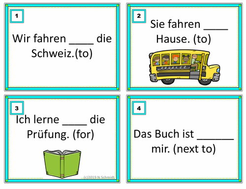 German Prepositions Task Cards: Präpositionen (accusative/dative/two-way)