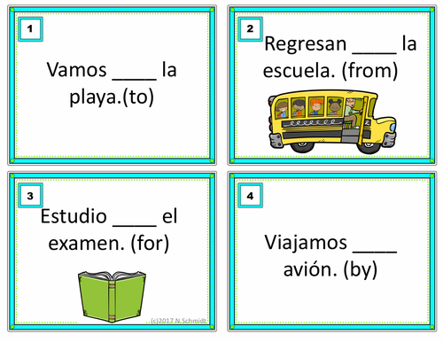 Spanish Prepositions Task Cards: Las preposiciones (a, de, por, para, en, con)