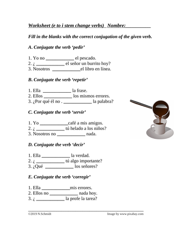 Spanish Stem Changing Verbs E to I Worksheet (servir, pedir, repetir, decir)