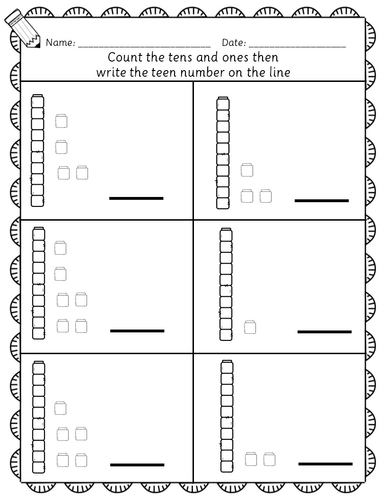 Teen numbers - tens and ones Year 1 / Year 2, 13 number worksheets ...