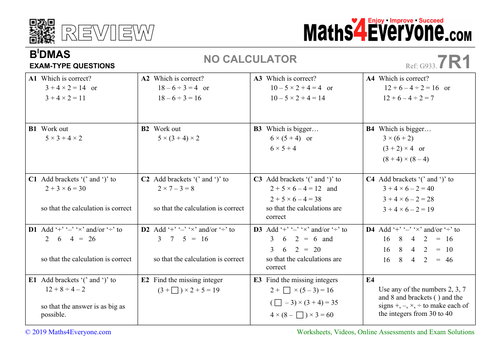 gcse revision bidmas worksheet with solutions teaching resources