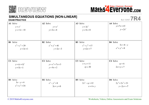 Gcse Revision Simultaneous Equations Non Linear Teaching Resources 5769