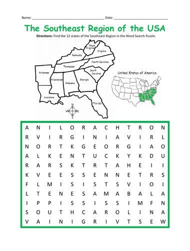 southeast region of the united states printable handout teaching resources