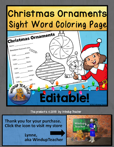 Christmas Sight Word Coloring Activity - Editable Ornament Worksheet