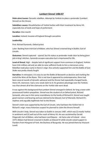 OCR Tudor Rebellions | Henry VII Dynastic Rebellions | Teaching Resources