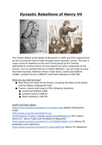 OCR Tudor Rebellions | Henry VII Dynastic Rebellions | Teaching Resources
