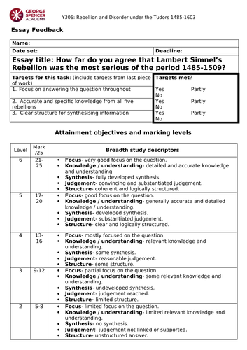 OCR Tudor Rebellions | Essay Planning - Henry VII | Teaching Resources