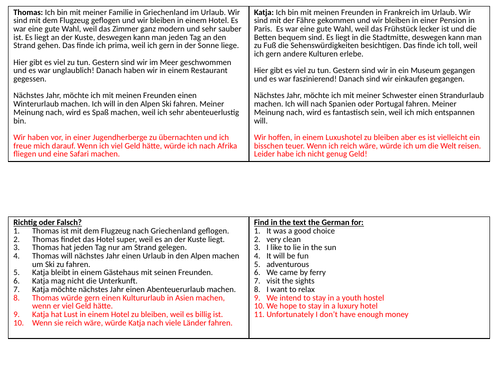 GCSE German Holidays Reading Comprehension