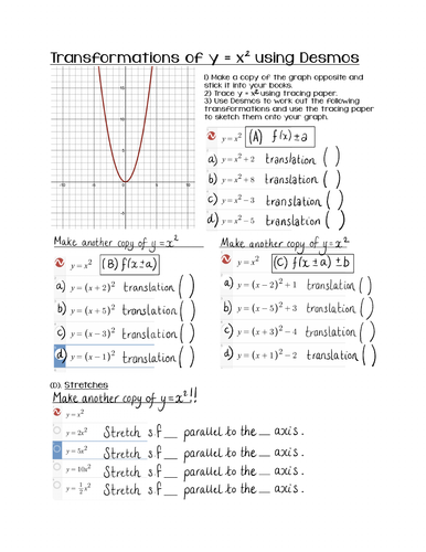 Transformations Of Y X 2 Using Desmos Teaching Resources