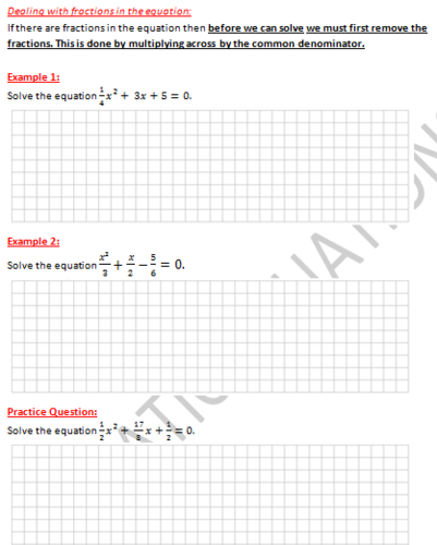 Quadratic Equations Booklet of Notes/Practice Questions for Teaching ...