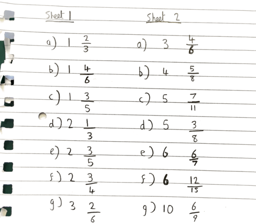 Convert mixed numbers to improper fractions - worksheets and challenges - Y5 & Y6