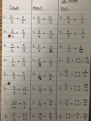 adding fractions (denominators = multiples with similar numbers) - worksheets & challenges - Y5 & Y6