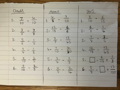 subtract fractions (fractions = multiples with similar numbers) - worksheets and challenges -