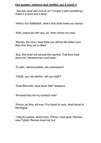 Romeo And Juliet Act 3 Scene 1 Violence/ Conflict Quotes | Teaching Resources