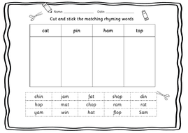 rhyming words cut and stick worksheet cvc words