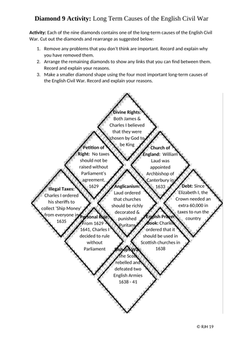 Diamond 9 Activity - Long Term Causes of the English Civil War