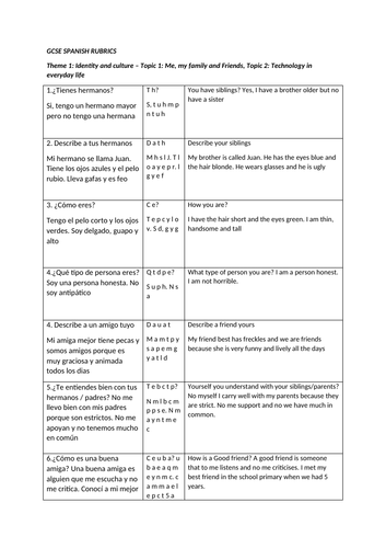 GCSE Spanish rubric for speaking practice: module 3 mi gente