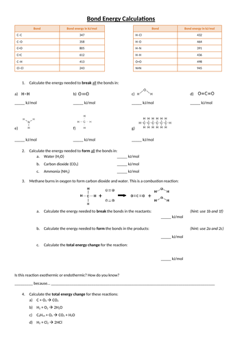 Bond Energy Calculations Worksheet Answers