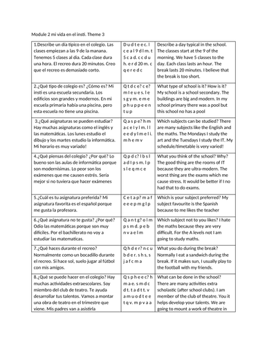 Rubric module 2 mi vida en el insti, theme 3 GCSE Spanish