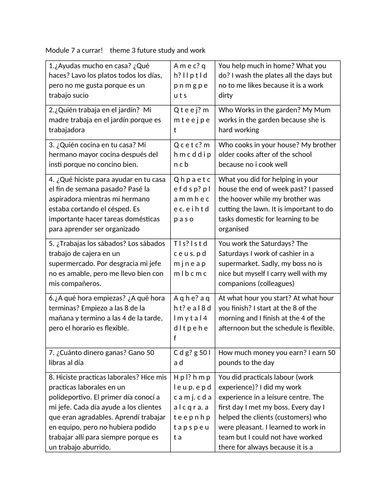 Rubric Module 7 a currar , theme 3 GCSE Spanish