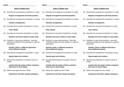 KS3/KS4 Matter and Atoms Quick Quizzes | Teaching Resources