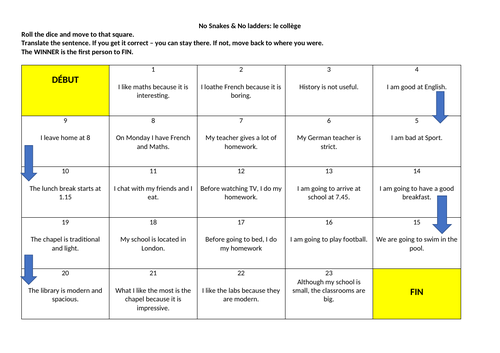 French GCSE School Translation Speaking Game: mon collège present & future tense