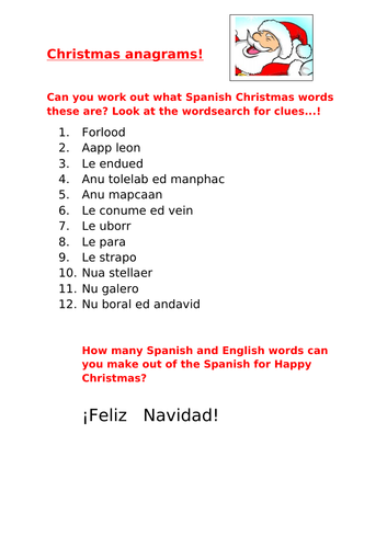 Spanish Christmas Word Scramble