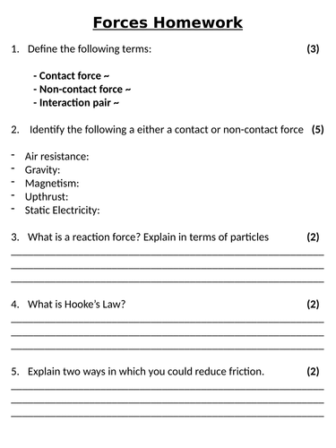 KS3 ~ Year 7 ~ Forces Homework