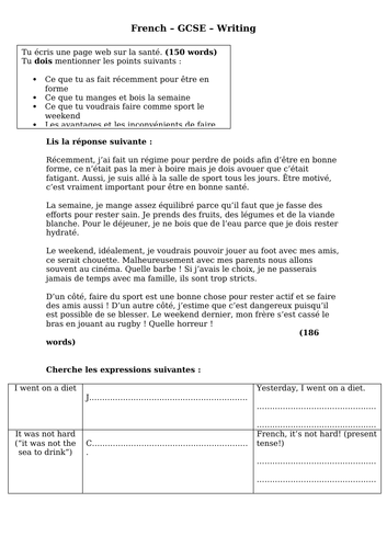 French GCSE long writing food (Grade 9 model answer) | Teaching Resources