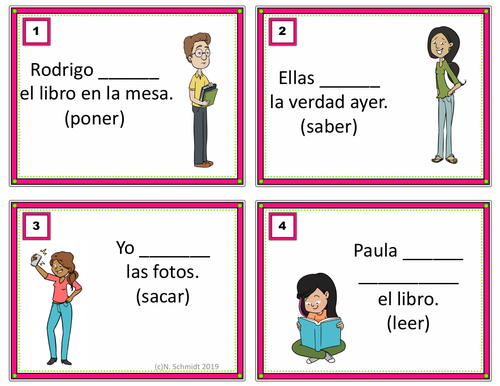 Irregular Preterite Spanish Task Cards: Pretérito: (Leyó, Repitió, Puso, Quiso)