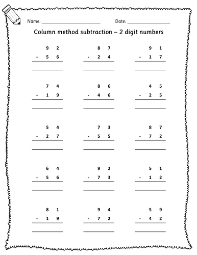 year 3 4 column method subtraction differentiated worksheets 2