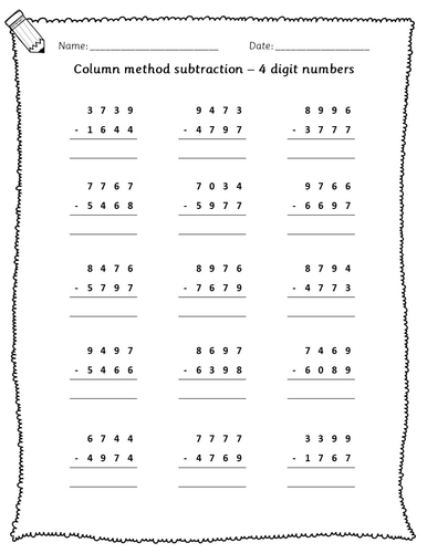 year 3 4 column method subtraction differentiated worksheets 2