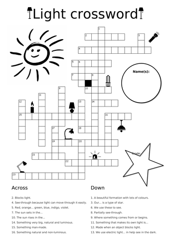 Crossword Puzzle Light Energy Teaching Resources