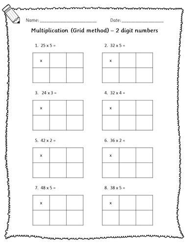 year 3 year 4 maths grid method multiplication 2 digit and 3 digit numbers 10 worksheets teaching resources