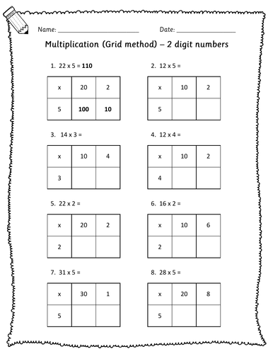  Year 3 Year 4 Maths Grid method multiplication 2 Digit And 3 Digit Numbers 10 worksheets 
