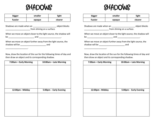 Shadows and What Changes Them Worksheet | Teaching Resources