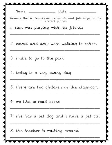 year 1 punctuation spag worksheets capitals and full stops teaching