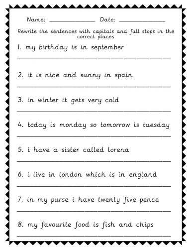year 1 punctuation spag worksheets capitals and full