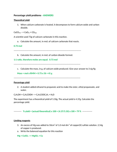 Percentage yield problems | Teaching Resources