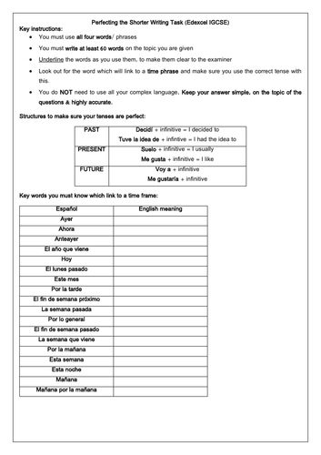 IGCSE Spanish Writing Exam Practice: Shorter Writing Tasks with translations & model answers