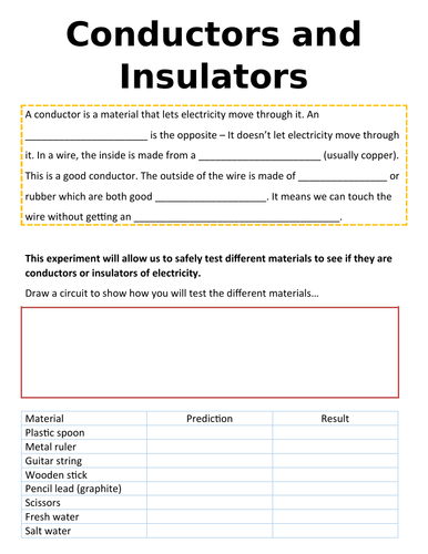 Conductors and Insulators Worksheet and Short Experiment | Teaching ...