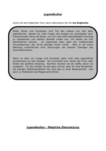 Jugendkultur - translation into English for A Level German
